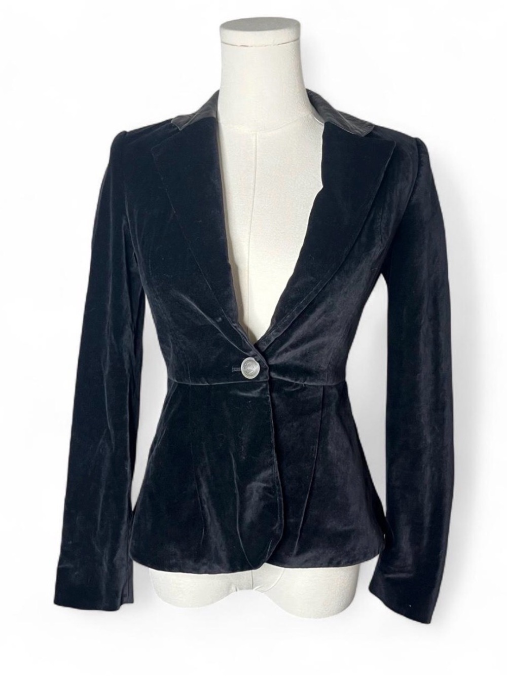 Alice + Olivia Black Leather Trim Velvet One Button Blazer Jacket Size XS